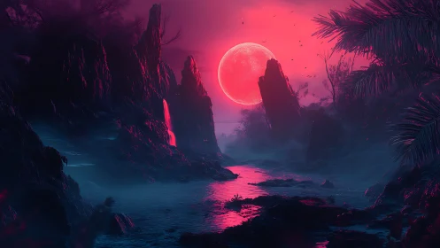 Neon-illuminated alien canyon with red moonlit river basin rendered