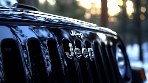 Chrome Jeep badge catches forest light like quiet thunder