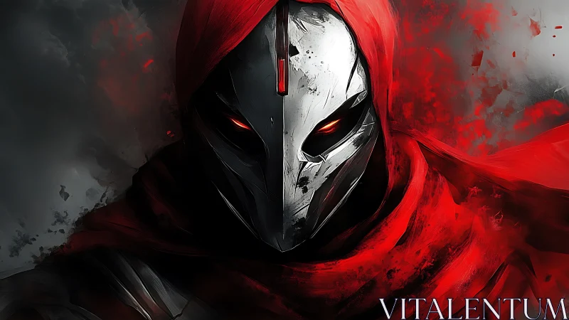 Crimson spectral warrior with segmented alloy mask glare.