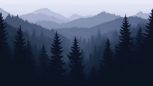 Forested mountain range in atmospheric haze and fog