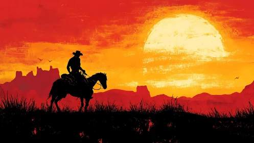 Silhouette cowboy rides across desert plain at vivid sunset