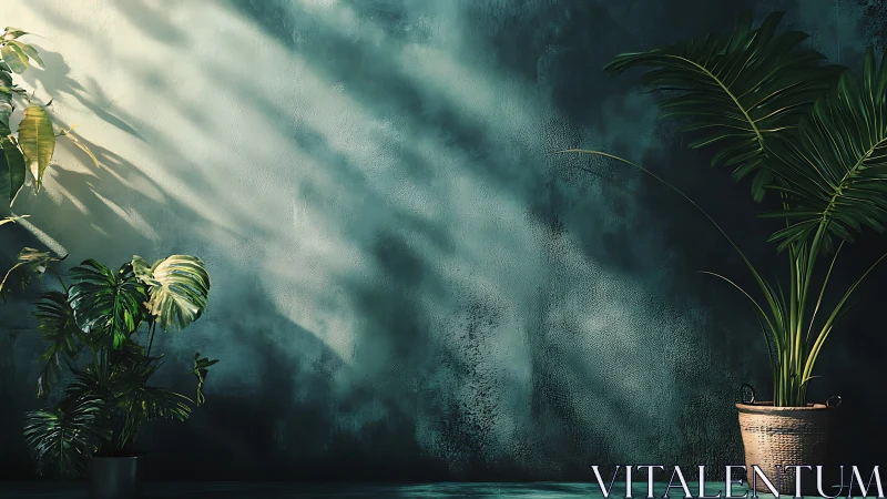 Gentle morning light over lush indoor potted plants.