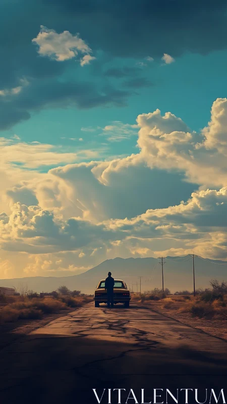 Solitary driver greeting a storm-painted desert horizon.