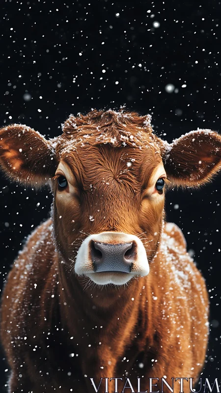 Brown calf in falling snow against dark winter backdrop.