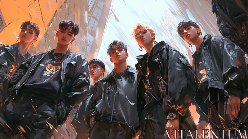 Urban kinetic boy group under angular neon canyon light.