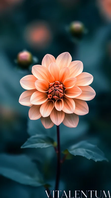 Coral dahlia bloom in sharp focus with soft teal bokeh background