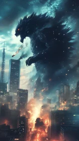 Giant fire-breathing monster towering over burning cityscape.