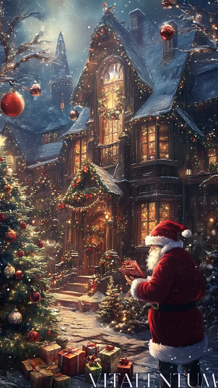 Snow laden cottage facade illuminated as Santa inspects wrapped gifts