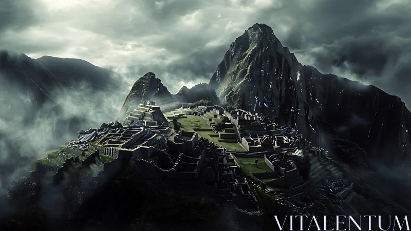 Misty mountain citadel rises calmly above drifting clouds