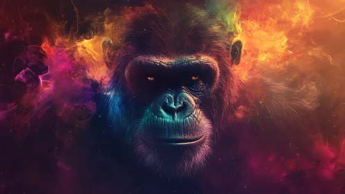 Cosmic primate portrait glowing in swirling neon clouds.