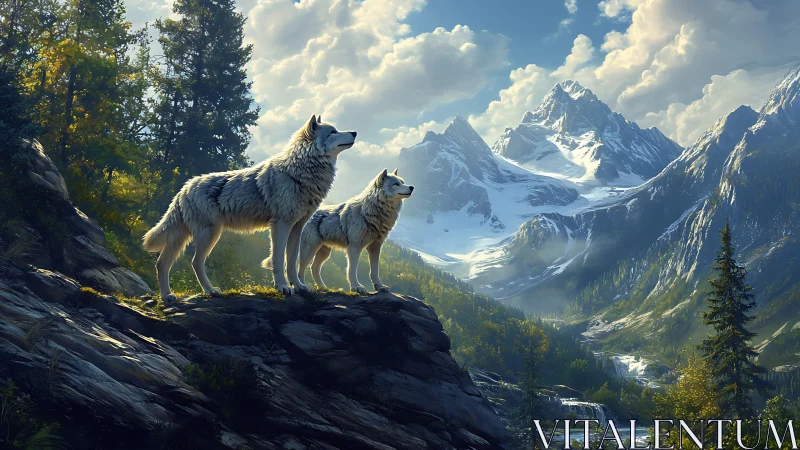 Two wolves stand on rocky outcrop before alpine mountain range