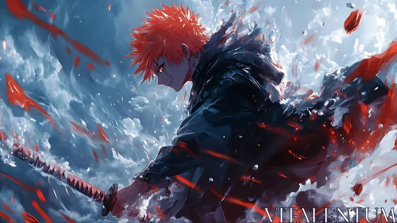 Red haired swordsman charges through swirling ice and fire