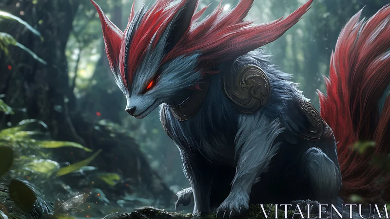 Mythic fox warrior crouches in luminous ancient forest