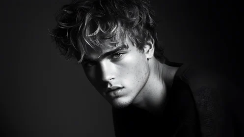Monochrome male portrait under directional chiaroscuro light.