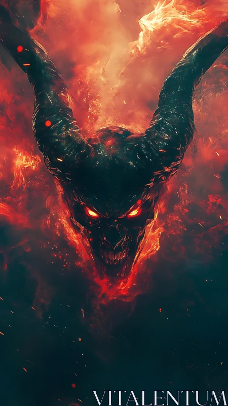 Digital painting of infernal horned skull in blazing chroma contrast.