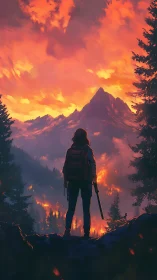 Lone wildfire wanderer under molten mountain sky.