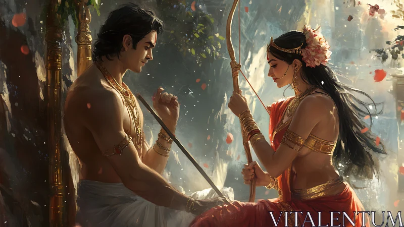 Epic digital painting of royal couple with ceremonial bow.