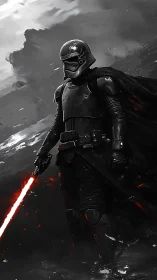 Armored dark warrior holds red energy blade on wasteland