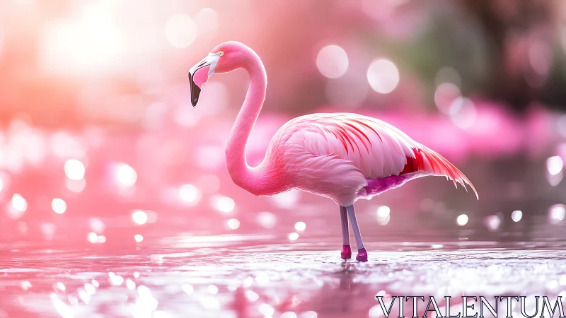 Graceful pink flamingo stands in dreamy sparkling water.