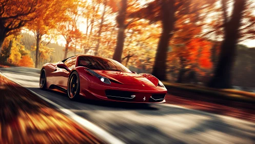 Crimson supercar slices through blazing autumn forest lanes