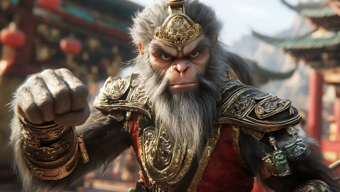 Armored monkey warrior in ornate temple courtyard environment.