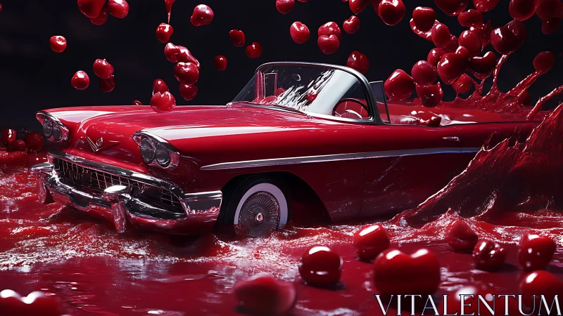 Classic red convertible submerged in glossy cherry liquid