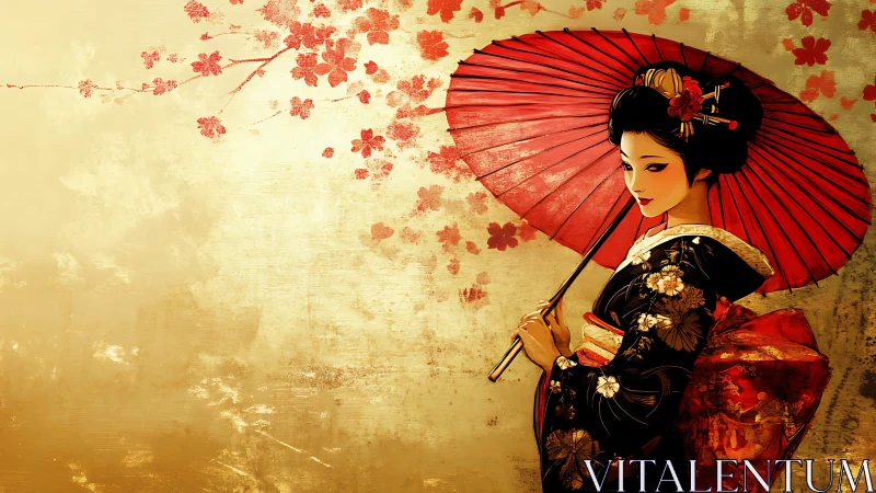 Geisha holding red parasol against textured gold background.