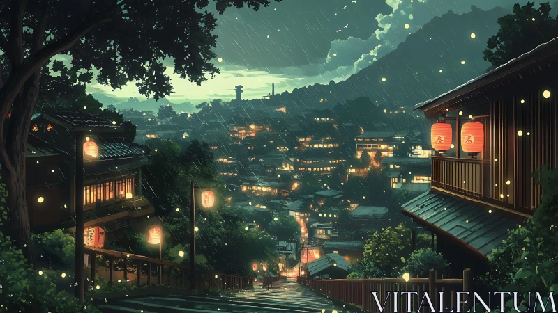 Rainlit lantern street over a dreaming hillside village at dusk.
