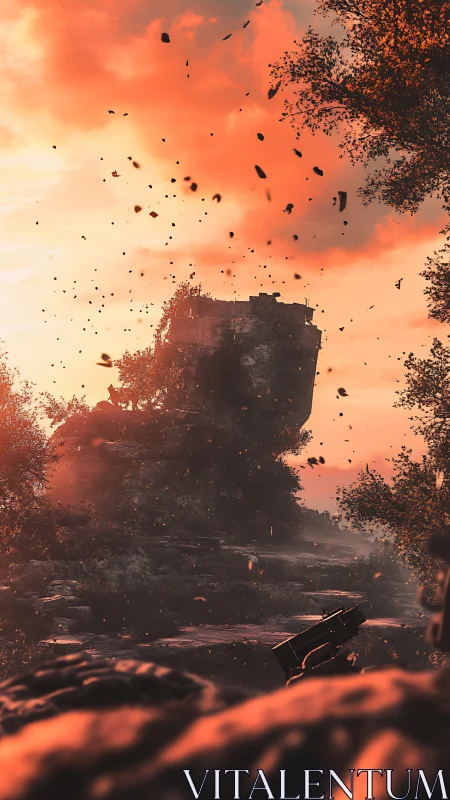 Crumbled cliff fortress under fiery twilight skystorm.