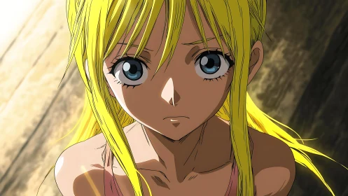Wide eyed resolve in sunlight, blonde anime heroine.