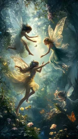 Luminescent woodland fairies dancing in sunlit glade.