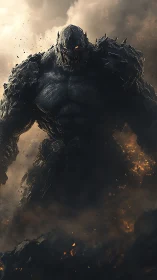 Monolithic rock humanoid emerges from dense volcanic smoke