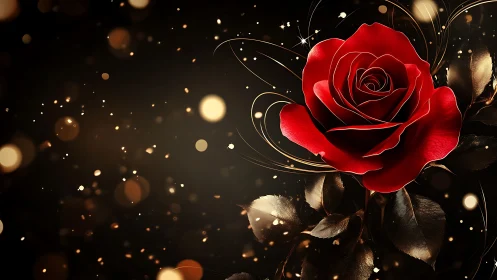 Red rose rendered with metallic accents against dark bokeh background.