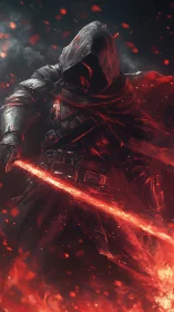 Hooded dark warrior wielding a blazing crimson energy blade.
