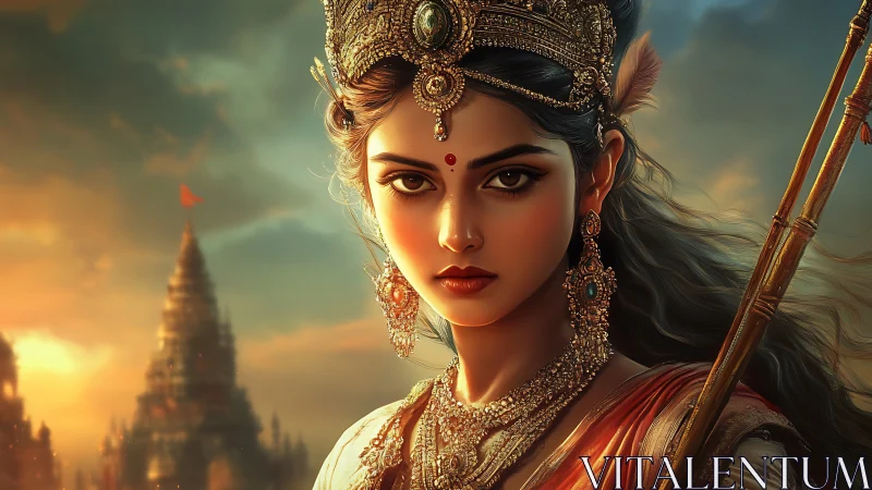 Highly detailed warrior goddess portrait with ornate regalia rendered