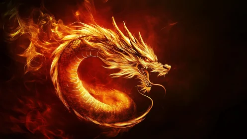 Fiery golden dragon swirling through shadows with bold grace.