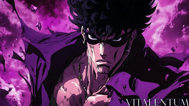 Dark masked figure stands before turbulent violet clouds