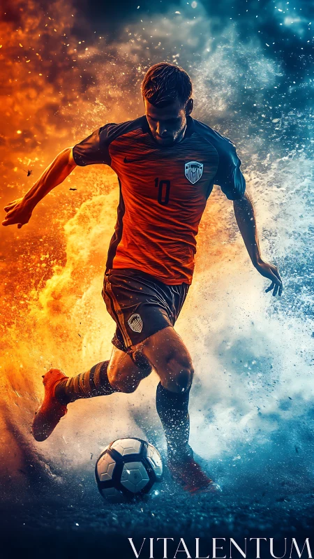 Dynamic soccer player in fiery and icy dramatic clash.