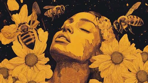 Female figure with bees and sunflowers in stylized orange palette.