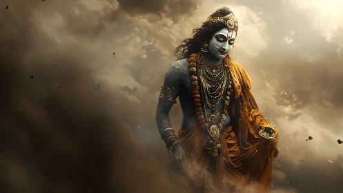 Digital painting of divine figure in storm-lit atmospheric field.