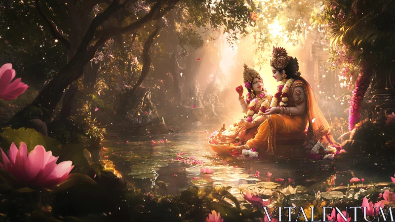 Divine couple seated on lotus boat in glowing forest pool