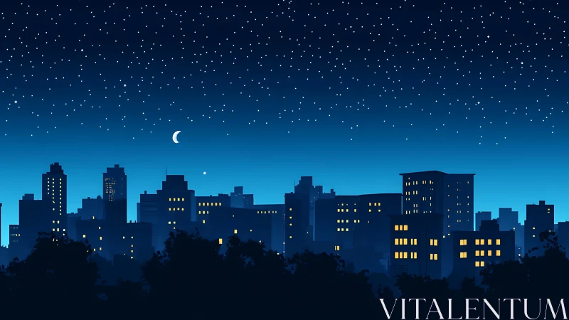 Urban skyline silhouette under night sky with stars and moon.