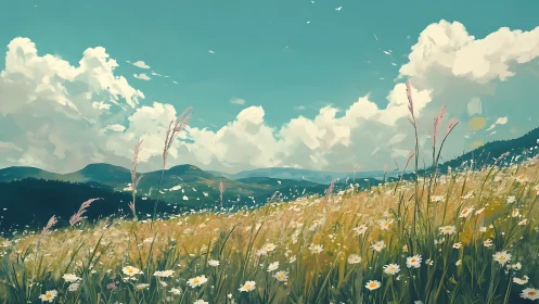 Sunlit wildflower meadow under distant rolling hills.