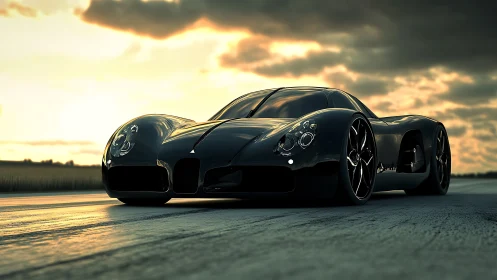 Stormlit midnight supercar prowls an endless open highway.