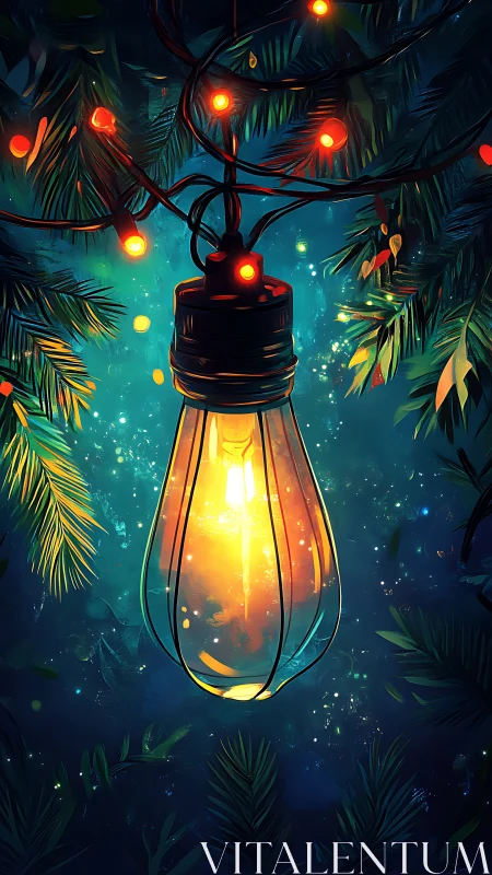 Glowing bulb lantern amid evergreen branches at night.