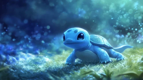 Gentle blue turtle strolls through a glowing fantasy meadow.