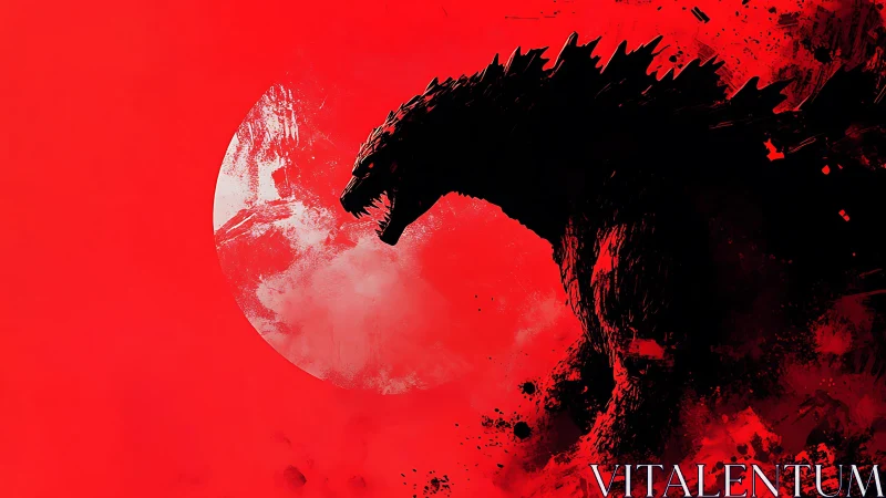 Silhouetted kaiju profile cuts through saturated red field