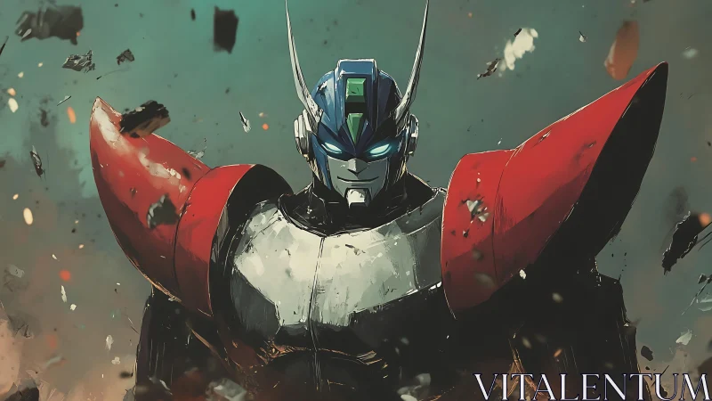 Armored anime mecha robot amid flying debris in battle.