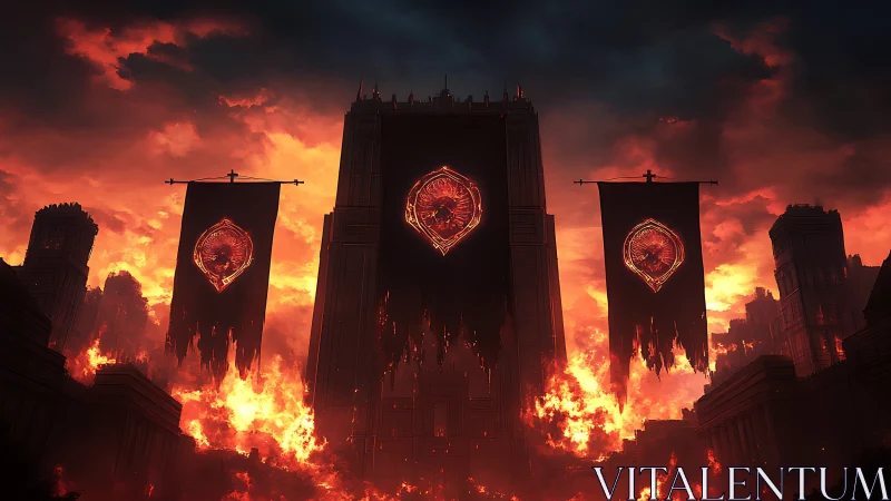 Burning citadel draped in fierce crimson war banners.