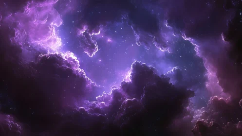 Violet nebula clouds swirling around a starlit cosmic void.